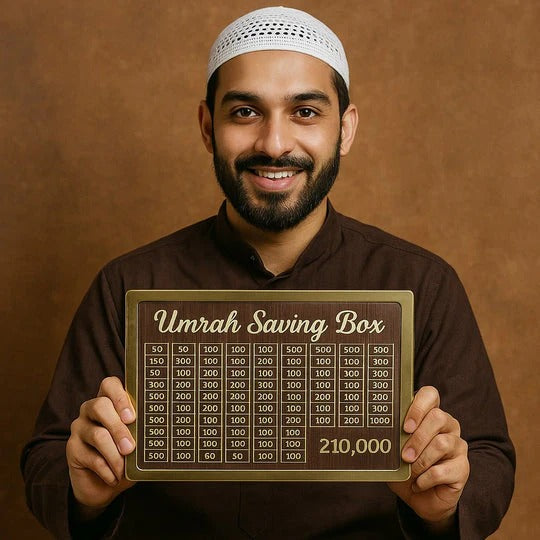 Umrah Saving Box - Wooden Islamic Money Saving Box - 280 Days Hajj & Umrah Savings Box Plan - Daily Halal Pilgrimage Fund Jar - Muslim Gift Idea - Step Closer to Umrah Every Day